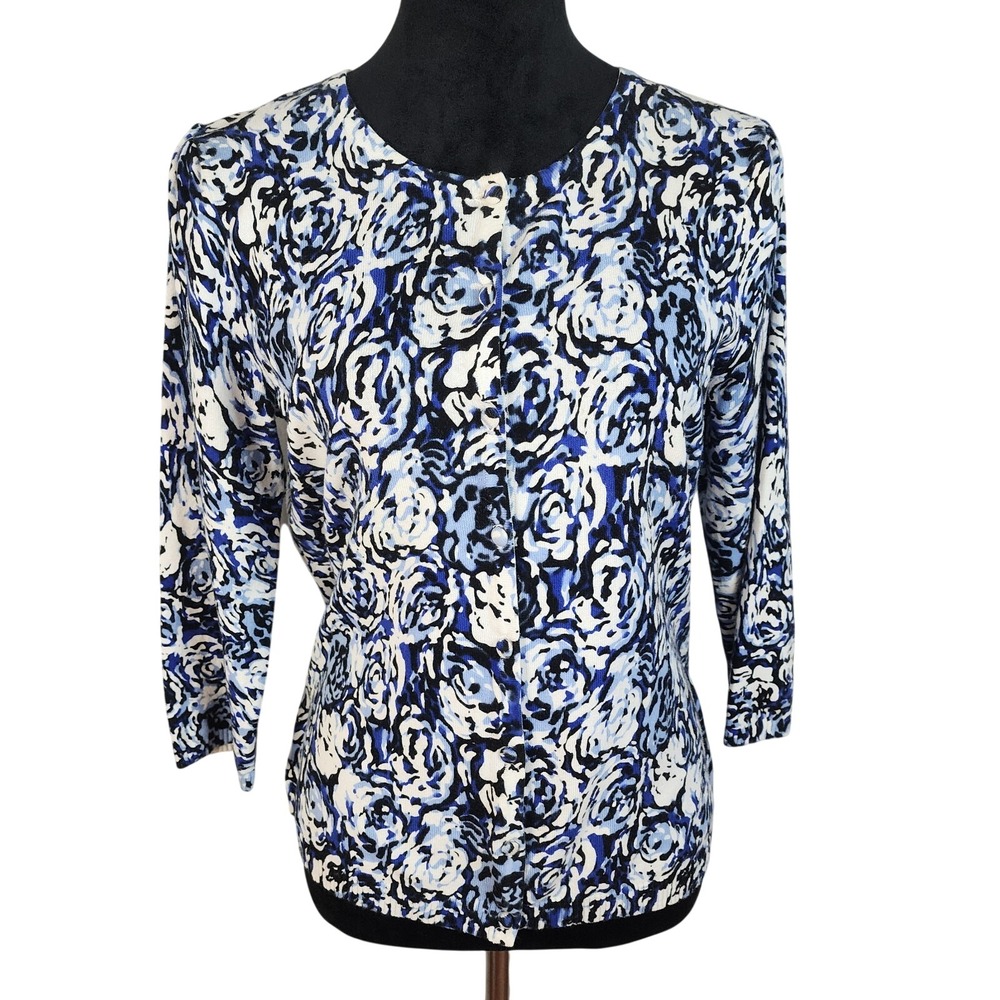 NOTATIONS Size Medium Cotton Blend Floral Rose Print Button Up Cardigan Sweater